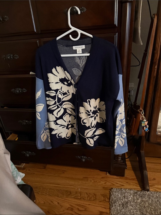 NorthStyle Sweaters - NorthStyle Navy Cardigan with Light Blue Sleeves and Cream Floral Design